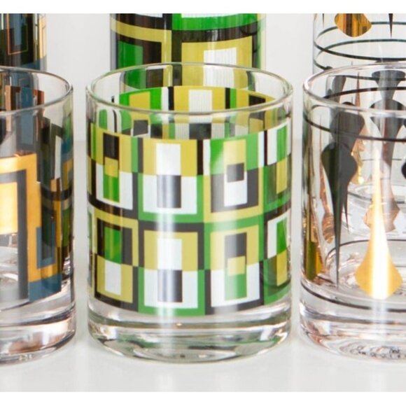 Mid-Century Modern Geometric Green Squares Lowball Rocks Glass - Picture 2 of 6